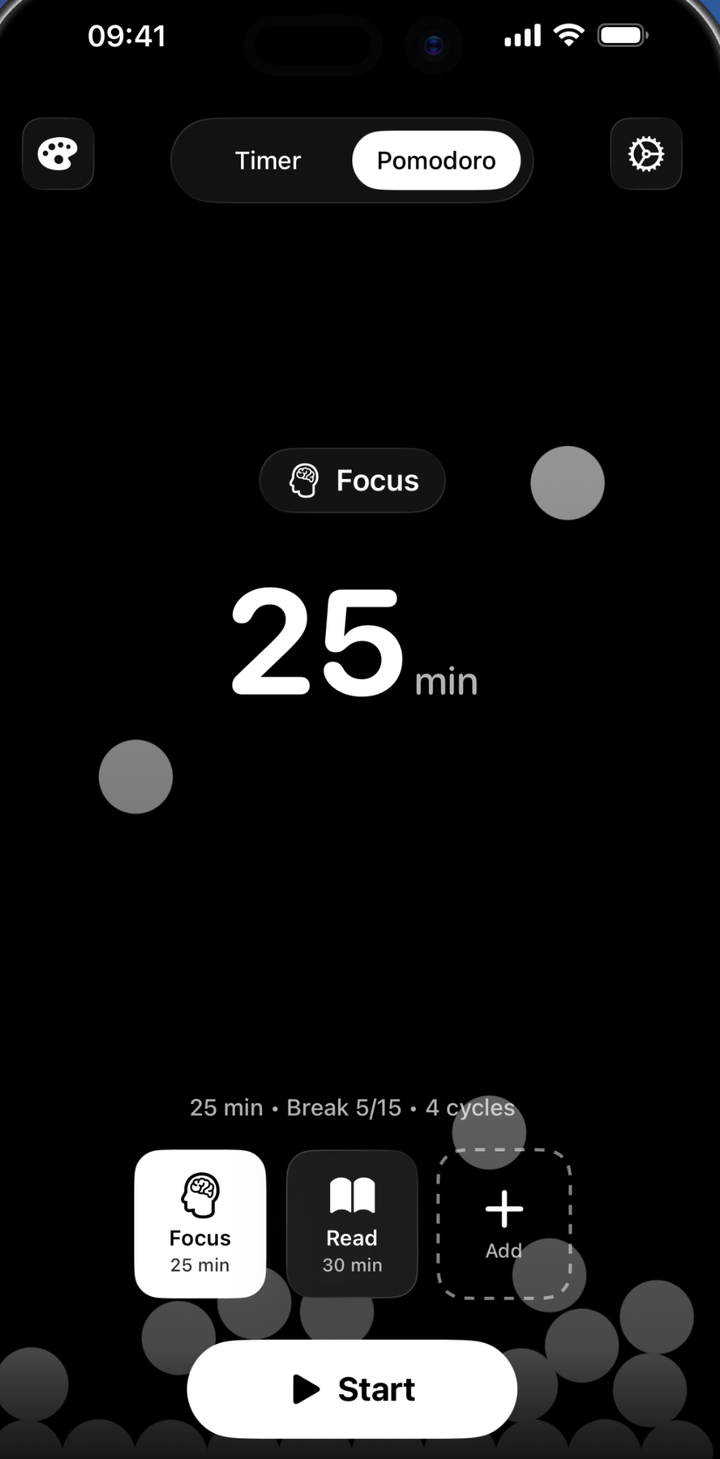 Timefall Pomodoro timer with a 25 minute focus session and physics particles